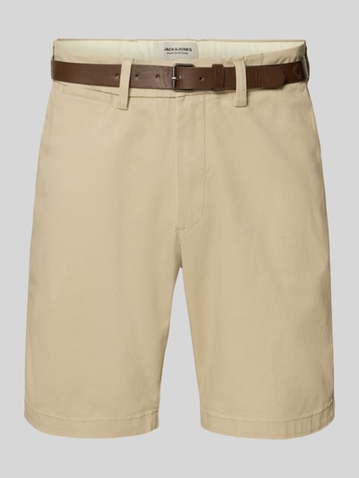 Produktfoto, Straight Fit Shorts mit abnehmbarem Gürtel Modell 'Adam' von Jack & Jones aus Baumwoll-Mix in Beige, Frontansicht, Eingriff- und Gesäßtaschen, Knopf- und Reißverschluss, Bundweite 40 cm, Innenbeinlänge 19 cm
