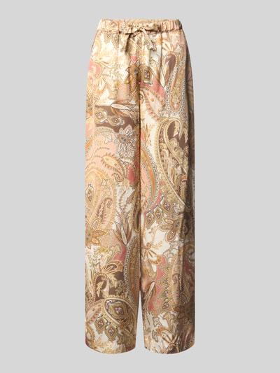 Produktfoto, Stoffhose aus Viskose mit Paisley-Muster Modell 'Pia' von monari, Damen Stoffhose, Regular-Fit, elastischer Bund, mehrfarbig, feine glatte Struktur, Bundweite bei Größe 36: 34 cm, Innenbeinlänge bei Größe 36: 83 cm.