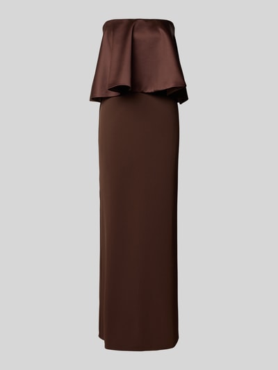 Produktfoto, Slim Fit Maxikleid mit Satin-Besatz von Rinascimento in Braun, schulterfreies Design, glatte Struktur, langer, gerader Schnitt