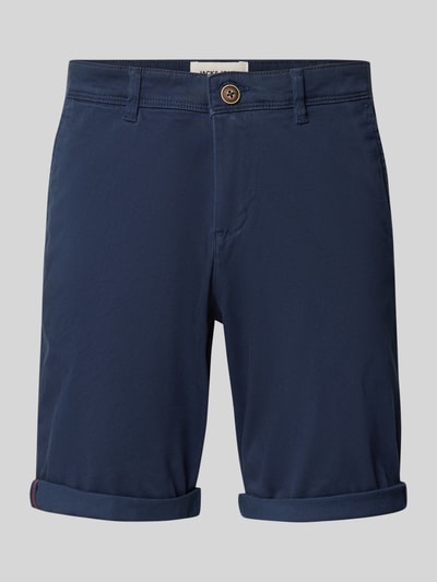Produktfoto, Regular Fit Shorts mit Eingrifftaschen Modell 'BOWIE' von Jack & Jones aus Baumwoll-Elasthan-Mix, dunkelblau, Umschlag, Bundweite 43 cm, Innenbeinlänge 26 cm, glatte Textur