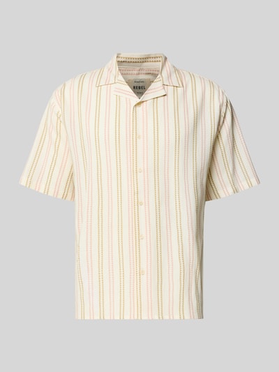 Produktfoto, Regular Fit Freizeithemd mit Reverskragen Modell 'HOWIE' von Redefined Rebel aus reiner Baumwolle, Allover-Look, beige mit roten und gelben Längsstreifen, sichtbares Label-Detail, glatte Textur