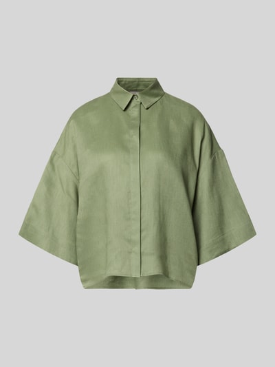 Produktfoto, Boxy Fit Leinenbluse mit 3/4-Arm Modell 'RITO' von MM by Max Mara in Grün, reine Leinenstruktur, Hemdblusenkragen, verdeckte Knopfleiste, Rückenlänge 58 cm, Ärmellänge 27 cm bei Größe 36.