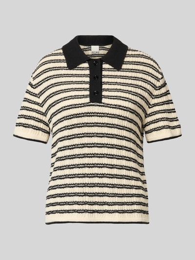 Produktfoto, Strickshirt mit Polokragen Modell 'CHANY' von ICHI aus Baumwoll-Mix im Regular-Fit, schwarz-weiße Streifen, Knopfleiste.