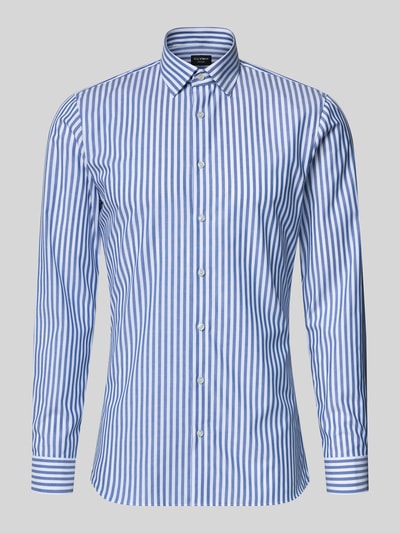 Produktfoto, Super Slim Fit Business-Hemd mit Kentkragen von OLYMP, niebiesko-białe pionowe paski, bawełna, wzór na całej powierzchni, długość tyłu w rozmiarze 40: 81 cm, szerokość ramion w rozmiarze 40: 44 cm, długość rękawów: 68 cm