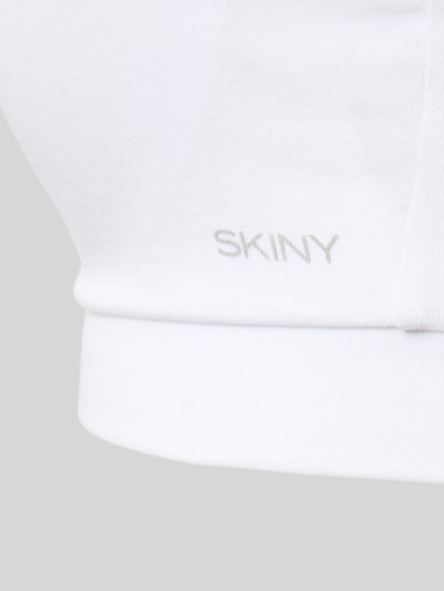Produktfoto, BH mit Logo-Print von SKINY in Weiß, glatte Textur, sichtbarer Logo-Schriftzug, Damen BH mit Hakenverschluss und Spaghettiträgern.