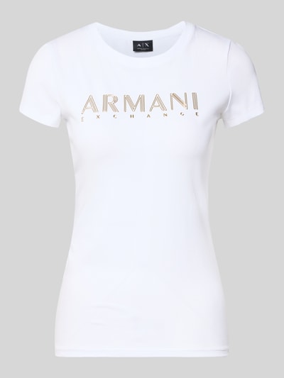 Productfoto, Slim Fit T-Shirt met labelprint van Armani Exchange, wit, mix van katoen en elastaan, ronde hals, ruglengte maat S 54 cm