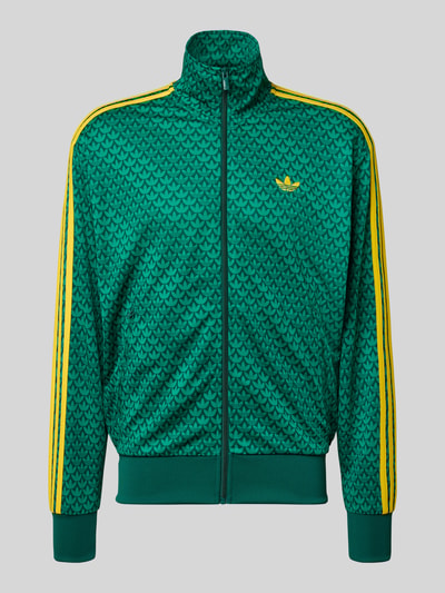 Produktfoto, Slim Fit Jacke mit Stehkragen Modell 'Firebird' von adidas Originals in Grün mit gelben Streifen, Logo-Stitching, elastische Abschlüsse.