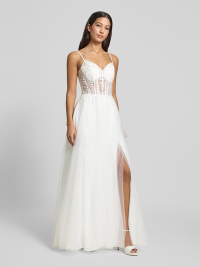 Luxuar Abendkleid aus Tüll mit floralen Stitchings Offwhite 1