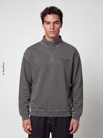 HUGO Blue Bluza z nadrukiem z logo kołnierz zapinany BLACK 4