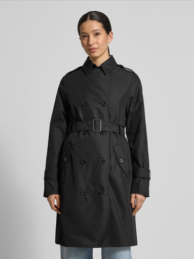 Frauenmodel trägt Regular Fit Trenchcoat aus Baumwoll-Mix von s.Oliver RED LABEL, Optik: Unifarben, Materialverarbeitung: Köper, Ganzkörperansicht von vorne.