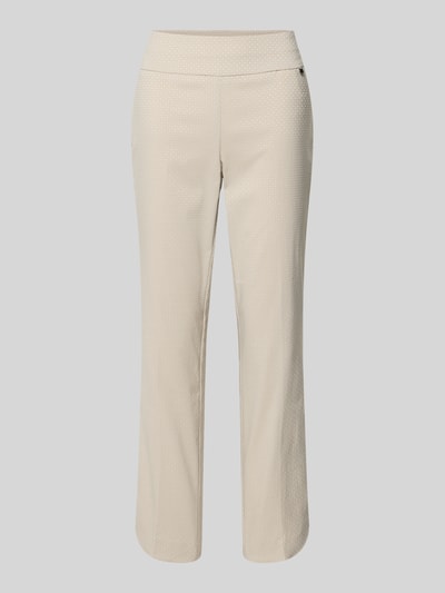 Productfoto, Hose aus Viskose-Mix mit elastischem Bund Modell 'Ina' van STEHMANN in beige met subtiele structuur, verkorte pasvorm, stretch, context: damesbroek van viscosemix, elastische taille, maat 36 taillewijdte 37 cm, binnenbeenlengte 93 cm.