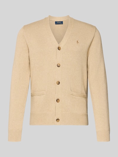 Produktfoto, Regular Fit Strickjacke aus reiner Baumwolle von Polo Ralph Lauren, beżowy, dzianinowy, logo, długi rękaw, kieszenie, guziki, faktura gładka