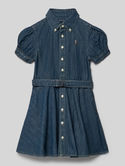 Produktfoto, Tailliertes Jeanskleid aus reiner Baumwolle von Polo Ralph Lauren Teens, Optik: Unifarben, Passform: Tailliert, Midi-Länge, V-Ausschnitt, Logo-Detail, Gürtelschlaufen, Knopfleiste, Taillengürtel, Kurzarm mit Manschette, Denim, reine Baumwolle.