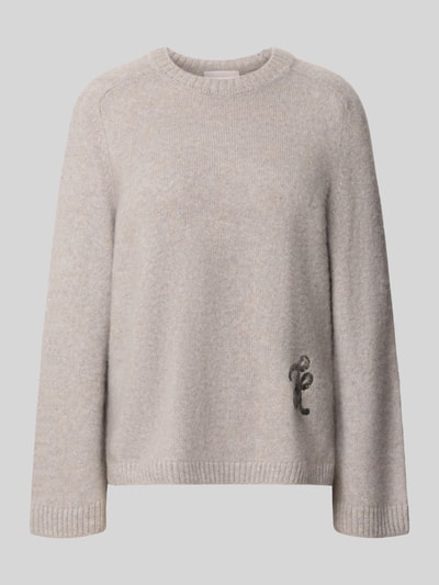 Produktfoto, Strickpullover aus Kaschmir-Mix mit Rundhalsausschnitt von Hemisphere in Hellbeige mit Label-Detail und Pailletten, Regular Fit, Baumwoll-Anteil, glatte Textur