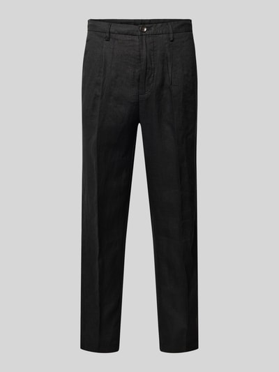 Produktfoto, Hose mit Gesäßtaschen Modell 'PANTALACCIO LINO' von MARKUP in Schwarz, gerade Form, reine Baumwolle, regelmäßige Passform, glatte Textur, sichtbare Bund- und Gesäßtaschen, geeignet für Herren, Bundweite 44 cm, Innenbeinlänge 71 cm.