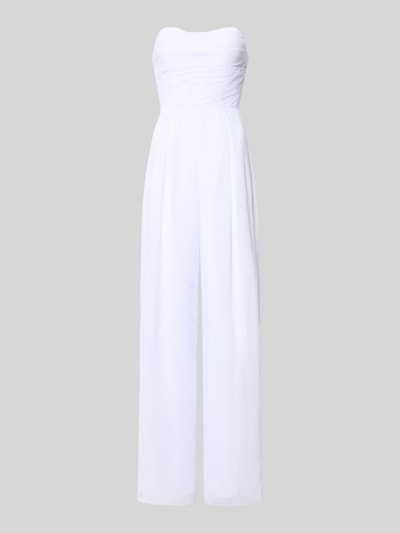 Produktfoto, weißer Jumpsuit mit Schnürung von Laona, ärmellos, Herz-Ausschnitt, taillierte Passform, leichte Drapierungen, glatte Textur