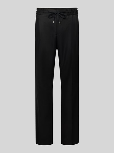 Produktfoto, schwarze Slim Fit Stoffhose aus Lyocell-Mix Modell 'GETLIN251F3' von HUGO, unifarben, Twill, elastischer Bund, Tunnelzug, Gesäß- und Seitentaschen.