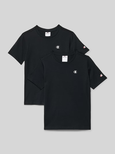 Produktfoto, zwei schwarze Regular Fit T-Shirts mit Logo-Print im 2er-Pack von CHAMPION aus reiner Baumwolle, Rundhalsausschnitt, glatte Textur