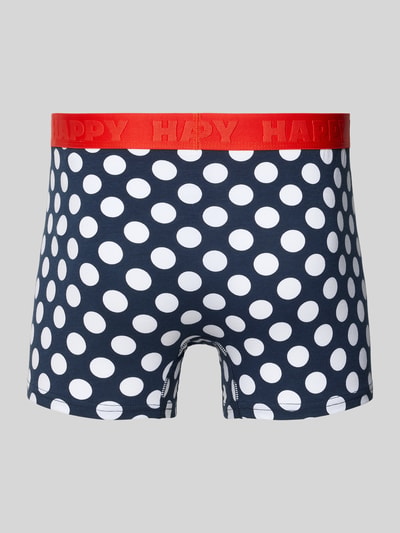 Produktfoto, Slim Fit Boxershorts mit Logo-Detail im 3er-Pack von Happy Socks, elastischer Baumwoll-Mix, marineblau mit weißen Punkten, elastischer roter Bund