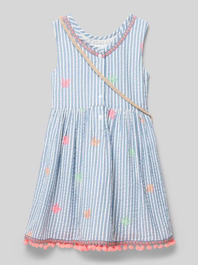 Produktfoto, niebiesko-biała sukienka w paski A-linia z kolorowymi przeszyciami, pomponami i torebką, czysta bawełna, Happy Girls, 'Kleid mit Umhängetasche', długość tyłu w rozmiarze 116: 57 cm