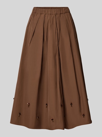 Produktfoto, brauner Midirock mit Ziersteinbesatz von Christian Berg Woman Selection, A-Linie, Material-Mix mit Baumwoll-Anteil, elastischer Bund.