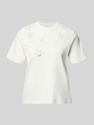 Produktfoto, T-Shirt mit floralen Applikationen von Christian Berg Woman, weiß, reine Baumwolle, gerader Schnitt, Rundhalsausschnitt.