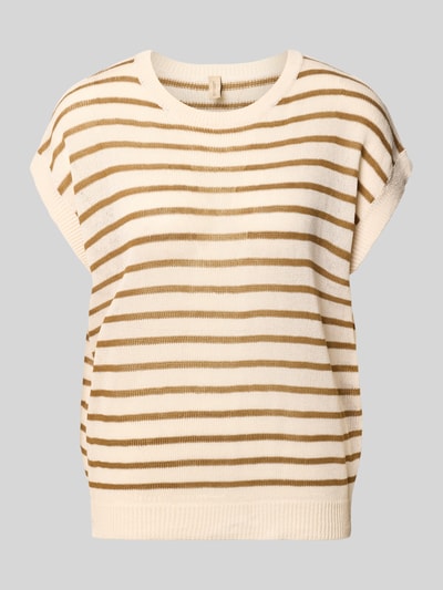 Produktfoto, Strickshirt mit Rundhalsausschnitt Modell 'LUANNA' von Soyaconcept, Material-Mix mit Leinen-Anteil, gestreifter Allover-Look, Regular-Fit, beige-weiß, strukturierte Oberfläche, Rückenlänge bei Größe S: 60 cm, Ärmellänge bei Größe S: 4 cm.