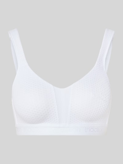 Produktfoto, BH mit Logo-Detail Modell 'Triaction Energy Lite' von Triumph in Weiß, elastischer Material-Mix, strukturiertes Design, Haken-Verschluss, verstellbare Schulterriemen