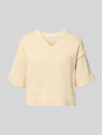Produktfoto, Regular Fit Pullover in Strick-Optik Modell 'Hannalie' von MSCH Copenhagen aus Reine Baumwolle, Halbarm, V-Ausschnitt, beige Struktur