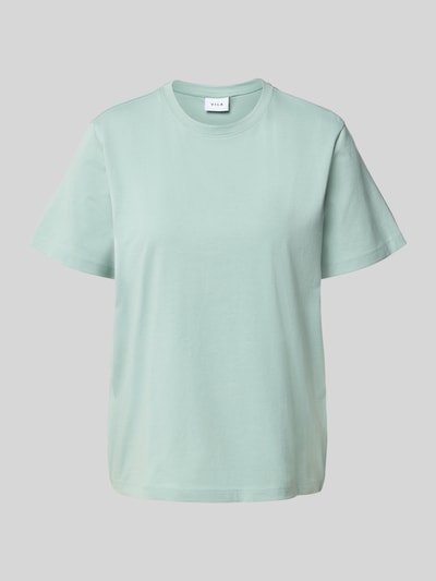 Produktfoto, pastellgrünes Damen T-Shirt mit geripptem Rundhalsausschnitt Modell 'NORA' von Vila, Baumwoll-Elasthan-Mix, lockerer Schnitt
