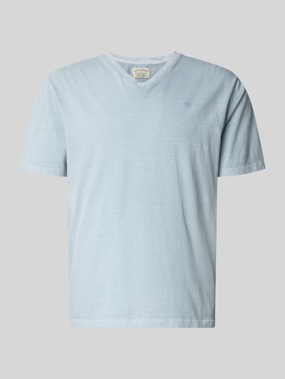 Produktfoto, hellblaues T-Shirt aus Baumwoll-Leinen-Mix mit V-Ausschnitt, Regular-Fit, Stitching, Rückenlänge 68 cm, Superdry Herren T-Shirt