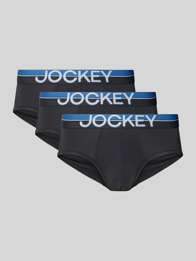 Produktfoto, Slim Fit Slip mit Logo-Stitching im 3er-pack von Jockey aus elastischem Material-Mix, schwarzer Stoff, blauer Bund, weiße Schrift