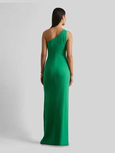 Frauenmodel trägt Abendkleid im One-Shoulder-Look Modell 'BELINA' von Lauren Ralph Lauren in Grün, figurbetont, Maxilänge, Rückansicht