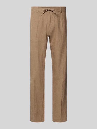Produktfoto, Straight Leg Leinenhose mit Tunnelzug Modell 'LEROY' von SELECTED HOMME, Optik: Unifarben, Passform: Straight Leg, Label-Applikation, Gürtelschlaufen, Knopf und verdeckter Reißverschluss, seitliche Eingrifftaschen, Gesäßtaschen mit Knopf, Materialverarbeitung: Flammgarn, Material: Leinen-Baumwolle-Mix, glatte Textur, natürliche Brauntöne, dezente Struktur.