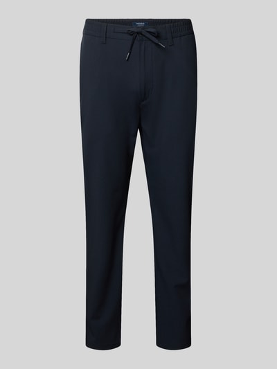 Produktfoto, Stoffhose mit elastischem Bund und Kordelzug von MCNEAL für Herren, Material-Mix mit Viskose-Anteil, Straight Fit, Knopf- und Reißverschluss, französische Eingrifftaschen, Gesäßleistentaschen, dunkelblau, glatte Oberfläche, ideal zum Reisen oder fürs Büro, Bundweite 44 cm, Innenbeinlänge 73 cm.