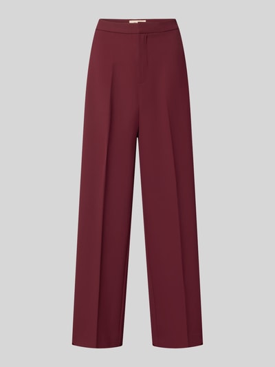 Produktfoto, Wide Fit Hose mit Bügelfalten Modell 'Leya' von MOS MOSH in Dunkelrot, glatte Oberfläche, Haken- und Reißverschluss, Damen Hose, Bundweite 62 cm, Innenbeinlänge 80 cm