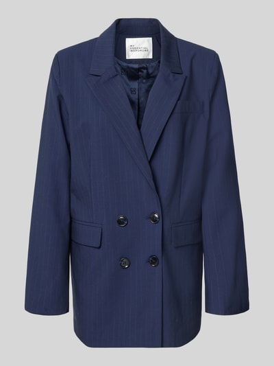 Produktfoto, dunkelblauer Blazer mit feiner Nadelstreifen-Struktur, Reverskragen, Pattentaschen, Modell 'Lana' von My Essential Wardrobe, Material-Mix mit Viskose-Anteil