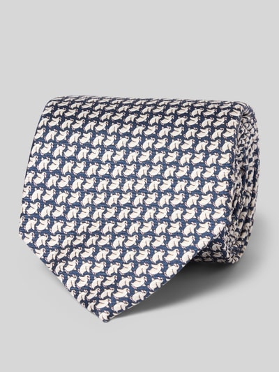 Produktfoto, Krawatte aus reiner Seide mit Allover-Motiv-Print von Willen, Heren stropdas, donkerblauw met wit all-over motiefprint, logodetail, zuiver zijde, spitse pasvorm, breedte bij maat 1: 8 cm
