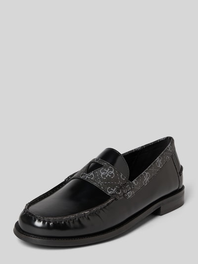 Produktfoto, Loafers mit Logo-Print Modell 'Rossio' von GUESS, czarny, gładka podeszwa, zaokrąglony krój, wysokość obcasa 3 cm, wysokość cholewki 8 cm, szerokość w rozmiarze 44: 4 cm