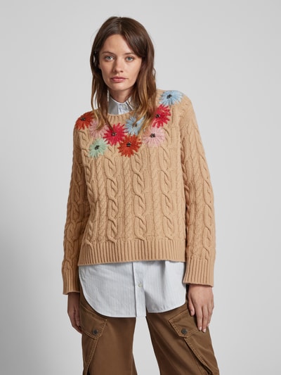 Weekend Max Mara Strickpullover aus Wolle mit floralen Applikationen Camel 4