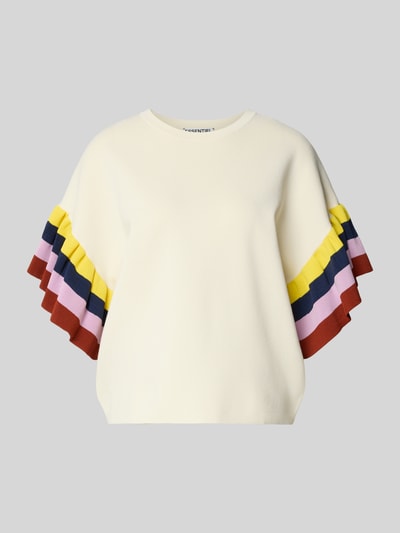 Produktfoto, Boxy Fit Pullover aus Viskose-Mix Modell 'JANUARY' von Essentiel Antwerp, Damen Pullover in Creme mit bunten Rüschenärmeln