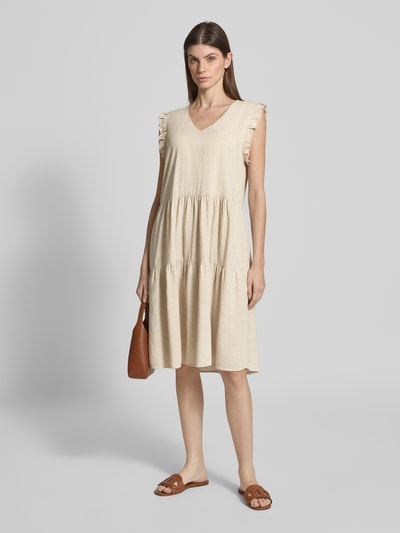 Smith and Soul Sukienka o długości do kolan z mieszanki wiskozy i lnu z dekoltem w serek Złamany biały melanż 1