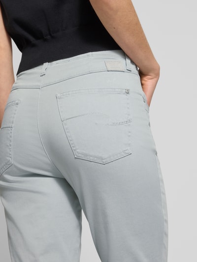 Frauenmodel trägt Flared Fit Stoffhose mit Eingrifftaschen Modell 'Laura' von Raphaela By Brax in Hellgrau, Baumwoll-Mix, Nahaufnahme Rückansicht.