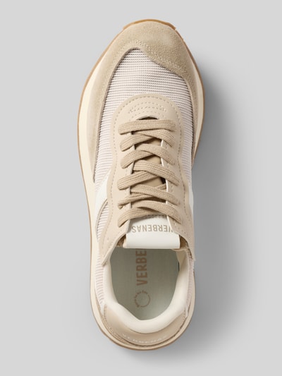 Produktfoto, Sneaker mit Label-Details Modell 'CLODETTE DINAN' von Verbenas in Beige mit abgerundeter Form, Schnürung, profilierter Sohle, Absatzhöhe 3 cm, Schafthöhe 9 cm, Schaftweite 9 cm, strukturierte Textil- und Veloursleder-Optik