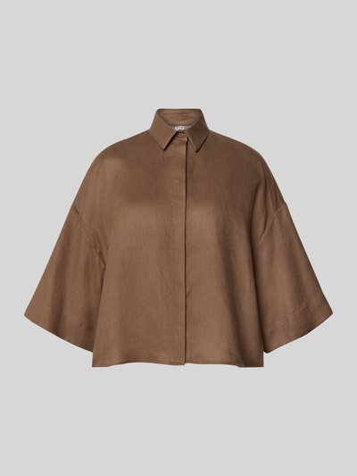 Produktfoto, Boxy Fit Leinenbluse mit 3/4-Arm Modell 'RITO' von MM by Max Mara, Optik: Unifarben, Passform: Boxy-Fit, Hemdblusenkragen, Rückenpasse mit Cacharel-Falte, verdeckte Knopfleiste, Ärmelform: 3/4-Arm, Material: reines Leinen, glatte Oberfläche in warmem Braunton