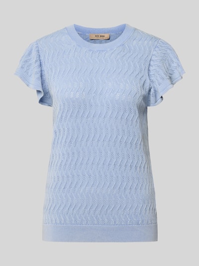 Produktfoto, lichtblauw gebreid shirt van puur katoen met ronde hals, nauwsluitende pasvorm en volants, Model 'Ganna' van MOS MOSH