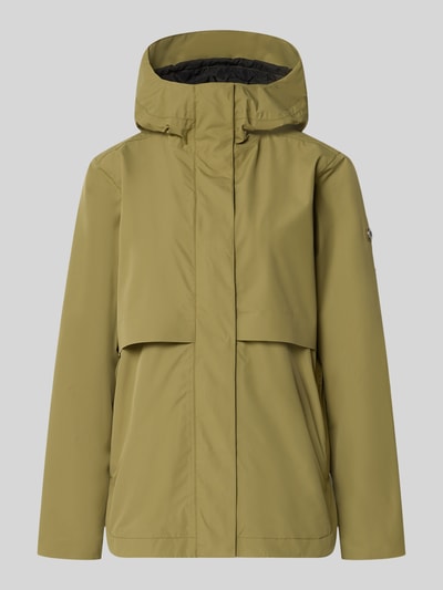 Produktfoto, Regular Fit Funktionsjacke mit Kapuze Modell 'Elsa' von Didriksons in Olivgrün, glatte Oberfläche, Stehkragen, Eingrifftaschen, Rückenlänge 74 cm, Schulterbreite 42 cm, Brustweite 37 cm, Ärmellänge 63 cm bei Größe 36