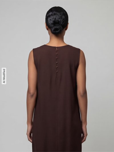 Frauenmodel trägt Midikleid aus Viskose-Leinen-Mix Modell 'Lavisco' von FREE/QUENT in Braun, glatte Oberfläche, Ganzkörperansicht Rückansicht. Damen Midikleid, A-Linie, Rundhalsausschnitt, Rückenlänge 128 cm, Brustweite 51 cm.