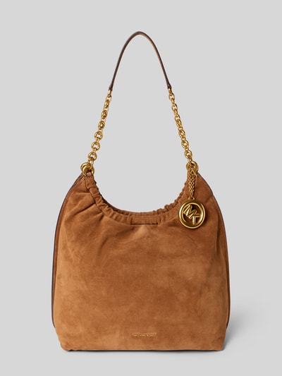 Produktfoto, cognacfarbene Handtasche aus Leder mit Label-Applikation Modell 'INDIE' von MICHAEL Michael Kors, samtige Textur, goldene Kette, rechteckige Form, Hauptfach mit Magnetverschluss, Tragehenkel und kurzem Schulterriemen, Maße: 37 x 37 x 14 cm, dezente Prägung, edler Look.