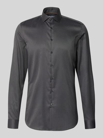 Produktfoto, Slim Fit Businesshemd in Premiumqualität mit extra langem Arm von Jake*s, dunkles Big Twill-Baumwollgewebe, diagonale Nadelstreifen, Kentkragen, sportliche Manschetten, abgerundeter Saum, hochwertige Verarbeitung